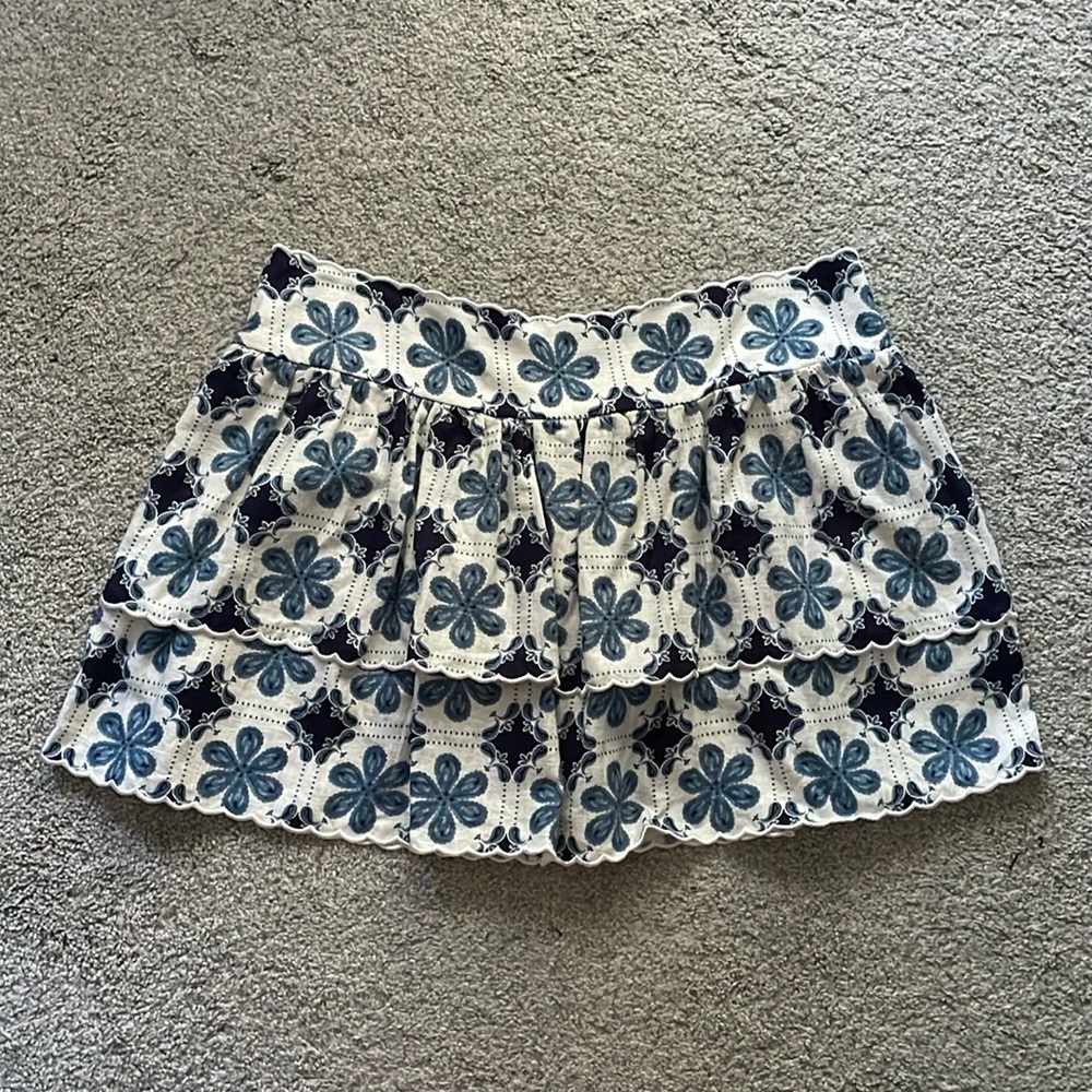 Agua Bendita for Target Blue White Cream Scalloped Tiered Skirt Linen Blend
